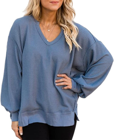 Zwurew Women's Waffle Knit Off Shoulder V-neck Sweater Dolman Long Sleeve Sweatshirt Top