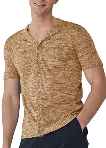 Mens Button Down Shirts Knitted Short Sleeve Casual Lapel V Neck Loose Fit Lightweight Tops with Chest Pocket