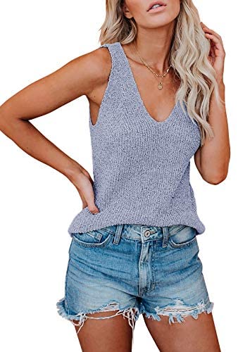 Ruanyu Womens Sexy V Neck Tank Tops Summer Knitted Sleeveless Lightweight Camisole Loose Fit Casual Shirts