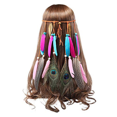 AWAYTR Feather Headband Indian Headpiece - Bohemian Tassels Hair Band Headwear for Women Girls