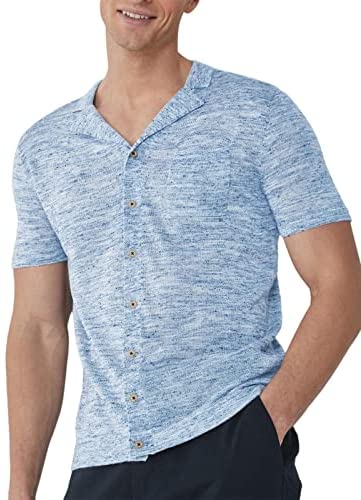 Mens Button Down Shirts Knitted Short Sleeve Casual Lapel V Neck Loose Fit Lightweight Tops with Chest Pocket