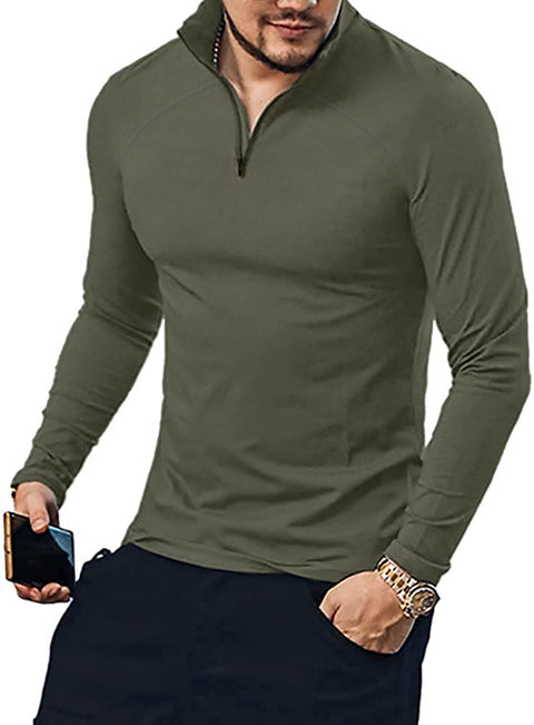 Men's Quarter Zip Long Sleeve Polo Shirt V Neck Casual Basic Slim Fit Cotton Shirts Tops