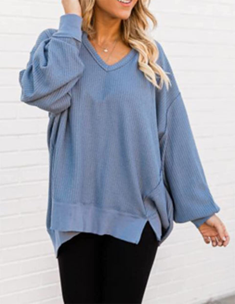 Zwurew Women's Waffle Knit Off Shoulder V-neck Sweater Dolman Long Sleeve Sweatshirt Top