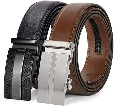 Men's Ratchet Belt for Dress 2Pack Slid Leather Belt with Automatic Click Buckle
