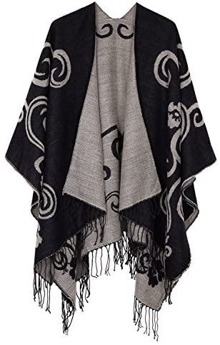 Women's Printed Tassel Open front Poncho Cape Wrap Shawl