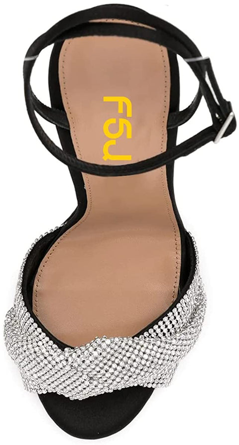 FSJ Women Floral Open Toe Bowknot Stylish Stiletto High Heel Sandals Adjustable Ankle Strap Buckle Pumps Fashion Rhinestones Studded Slingback Wedding Prom Shoes Size 4-15 US