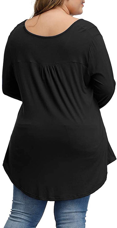 Women's Plus Size Tunics Button Up Henley V Neck Tops Pleated Long Sleeve Tunic Shirts