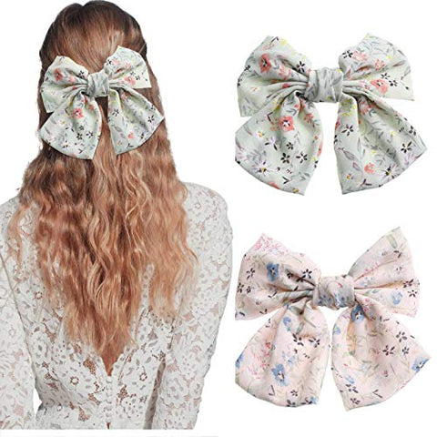 Chiffon Bow Barrettes Hair Clips - AWAYTR 2 Packs Flower Elastic Hair Bow for Women Wedding Party (White+Pink)