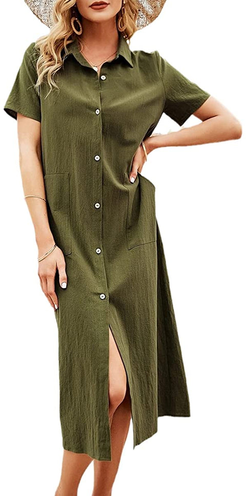 Women's Lapel Short Sleeve Summer Dress Solid Button Cardigan T-Shirts Casual Midi Dresses with Pocket