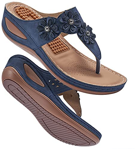 Womens Wedge Flip Flops Sandals with Arch Support Summer Comfortable Platform Bohemia Flat Shoes Massage Function Casual Thong Sandal