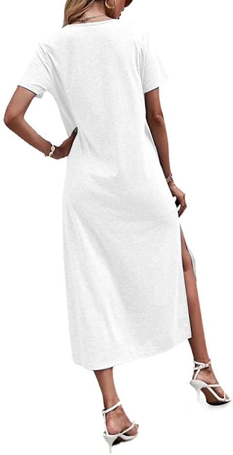Dyexces Women's V Neck Short Sleeve Summer Dress Solid Basic T-Shirts Casual Split Maxi Dresses with Pocket