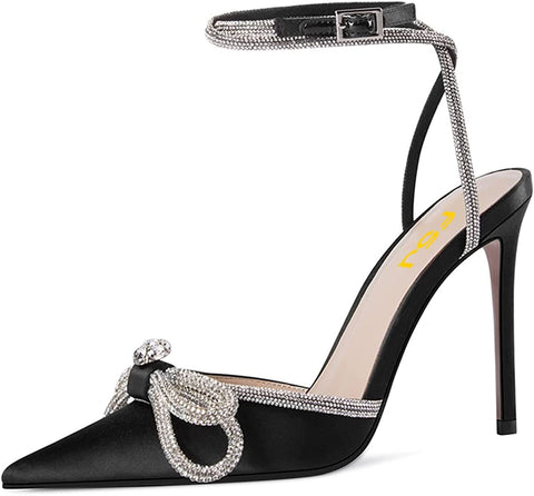 FSJ Women's Pointy Toe Stiletto High Heels Sandals Rhinestones Bowknot Ankle Strap Buckle Heeled Pumps Satin Lace Up Dress Party Shoes Size 4-15 US