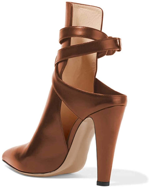 FSJ Women Pointed Toe Chunky High Heels Strappy Dress Bootie Pumps Ankle Wrap Slingback Sandal Shoes Size 4-15 M US