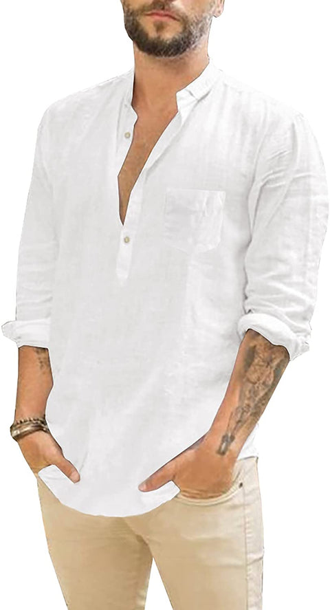 Men's Long Sleeve Henley Shirt Cotton Linen Loose Casual Hippie Tee Lightweight Summer Solid Beach Yoga Tops