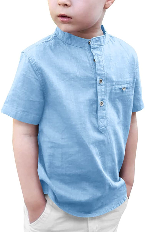 Kids Boys Linen Short Sleeve Henley Shirt Toddler Cotton Button Down Summer Tops Fashion Cool T-Shirts