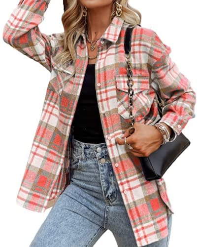 Women's Color Block Plaid Shirts Long Sleeve Flannel Lapel Button Down Pocketed Shacket Jacket Coats