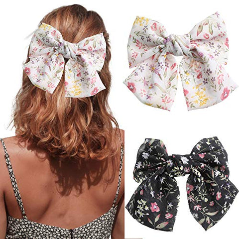 Chiffon Bow Barrettes Hair Clips - AWAYTR 2 Packs Flower Elastic Hair Bow for Women Wedding Party (White+Pink)
