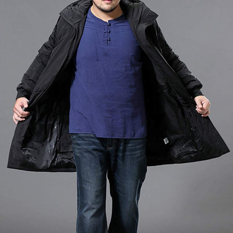 Men's Windproof Handsome Thicken Cotton Pocket Fashion Hooded Jacket Zipper Winter Long Coat