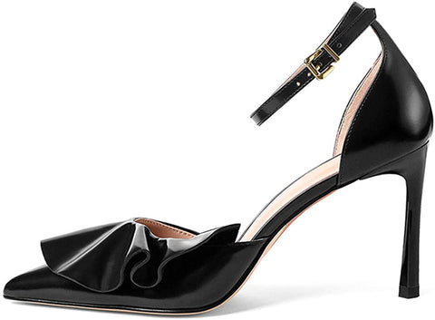 FSJ Women Fashion High Stiletto Heel Pumps Ankle Strap Adjustable Buckle Sandals Pointed Closed Toe Patent Leather Ladies Girls Prom Party Summer Dress Shoes with Ruffles Size 4-15 US