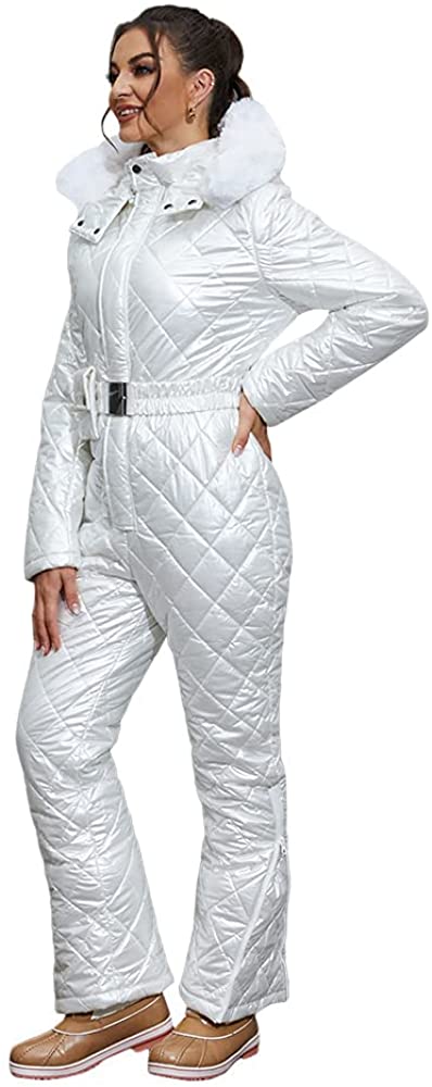 Womens Onesies Ski Suit Jumpsuit Outdoor Winter Skiing Jacket Snowsuit Fur Collar Coat with Hoodies Removable