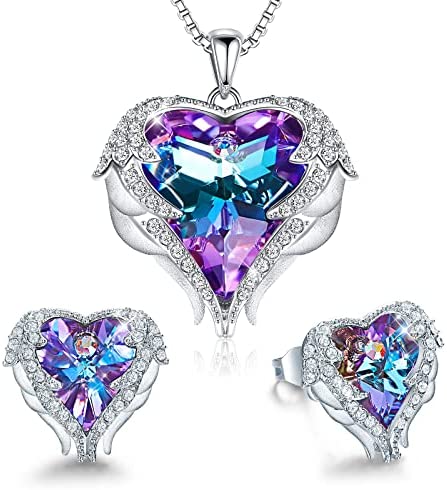 Angel Wing Love Heart Necklaces and Earrings Silver Jewelry Sets
