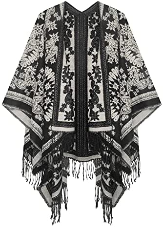 Women's Printed Tassel Open front Poncho Cape Wrap Shawl