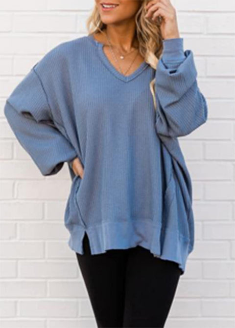 Zwurew Women's Waffle Knit Off Shoulder V-neck Sweater Dolman Long Sleeve Sweatshirt Top