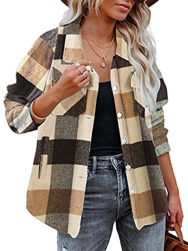 Yousify Womens Button-Down Plaid Jacket Lapel Long Sleeve Shacket Coat Casual Outwear with Pocket