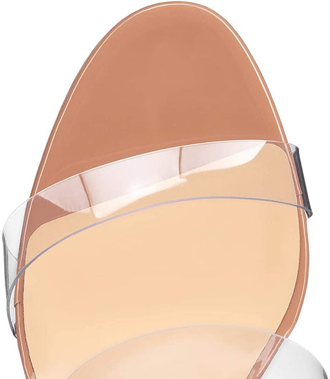FSJ Women Clear Double Strap Mules Slip On Open Toe Sandals Transparent High Heels Shoes Size 9 Nude