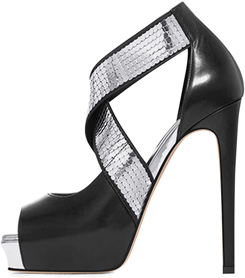 FSJ Women's Sexy Cross Strappy High Platform Stiletto Heels Dress Pumps Peep Toe High Heels Party Heeled Sandals with Silver Sparkle Shoes Size 4-15 US