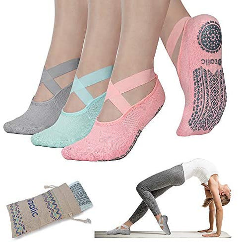 Ozaiic Yoga Socks for Women Non-Slip Grips & Straps, Ideal for Pilates, Pure Barre, Ballet, Dance, Barefoot Workout