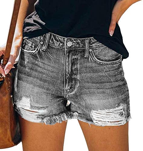 Karlywindow Women's Ripped Jean Shorts Mid Rise Stretchy Frayed Raw Folded Hem Casual Denim Shorts