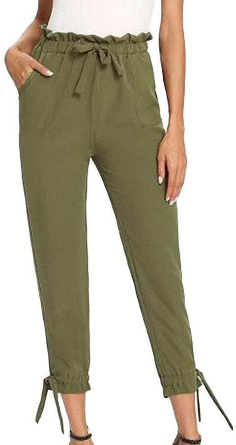 Women's Pocket Cropped Trousers Casual Solid Elastic Waist Tie Pants