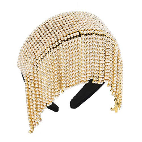 AWAYTR Velvet Padded Pearl Embellished Headband Large Padded Velvet Races Goth Wedding Headpiece for Women (black-1)