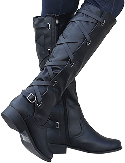 Womens Buckle Knee High Boots Riding Strappy Lace Up Pleated Low Heel Combat Boots