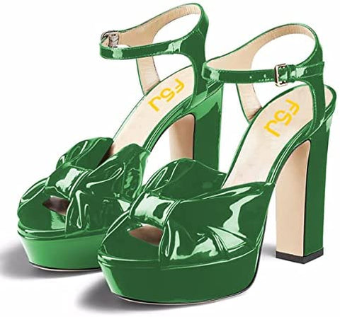 FSJ Women Platform Chunky High Heels Dress Sandalsl Ankle Strap Bowtie Peep Toe Heeled Pump Sandals Wedding Party Evening Shoes Size 4-15 US