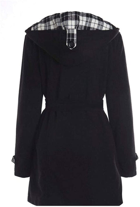 Women's Fleece Check Hooded Pea Coat Winter Double Breast Belted Wool Jacket