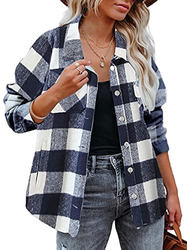 Yousify Womens Button-Down Plaid Jacket Lapel Long Sleeve Shacket Coat Casual Outwear with Pocket
