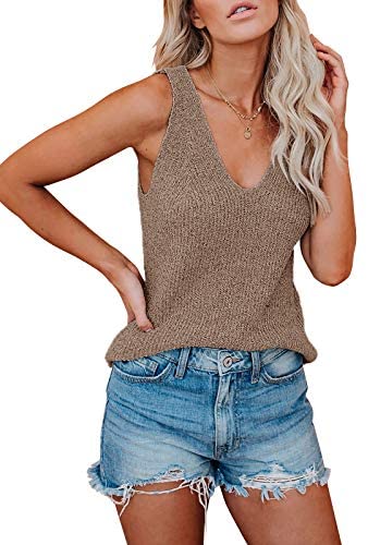 Ruanyu Womens Sexy V Neck Tank Tops Summer Knitted Sleeveless Lightweight Camisole Loose Fit Casual Shirts