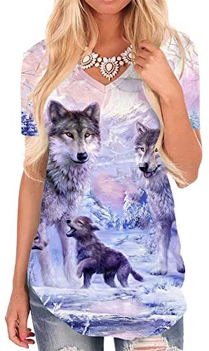 Galaxy T Shirts for Women Space Print Side Slit Curved Hem V Neck T-Shirts