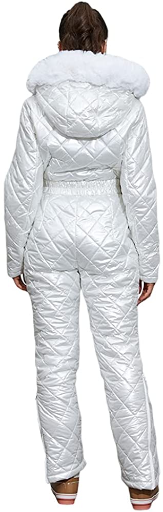 Womens Onesies Ski Suit Jumpsuit Outdoor Winter Skiing Jacket Snowsuit Fur Collar Coat with Hoodies Removable