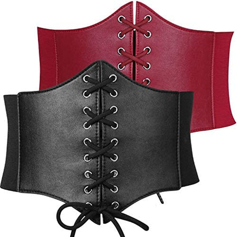 Black Corset Waist Belt for Women, Wide Elastic Tie Waspie Belt for Dresses 4.7inch