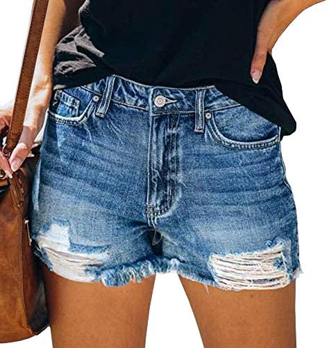 Karlywindow Women's Ripped Jean Shorts Mid Rise Stretchy Frayed Raw Folded Hem Casual Denim Shorts