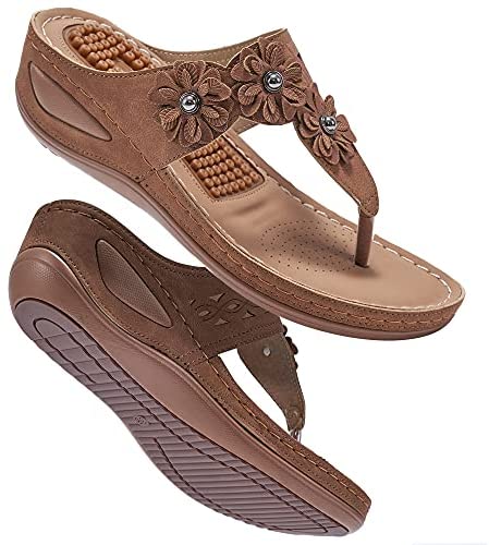 Womens Wedge Flip Flops Sandals with Arch Support Summer Comfortable Platform Bohemia Flat Shoes Massage Function Casual Thong Sandal
