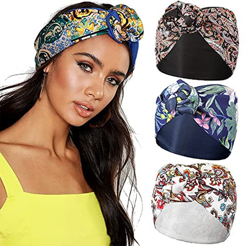 Knotted Wide Turban Head Wrap - 3PCS Floral Knot Wire Hair Band Turban Headwrap for Women Bandanas Boho Adjustable Wide Headband (Cashew)