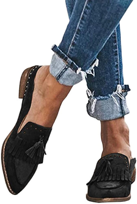 Ruanyu Womens Backless Mules Sandals Flat Pointed Toe Slip On Studded Tassel Comfortable Penny Loafers