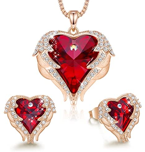 Angel Wing Love Heart Necklaces and Earrings Silver Jewelry Sets
