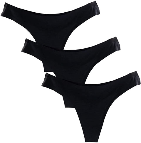 YOYI FASHION 3 Pack Women's Thongs Black Thin Seamless Smooth Ice Silk Fabric No Show Panties