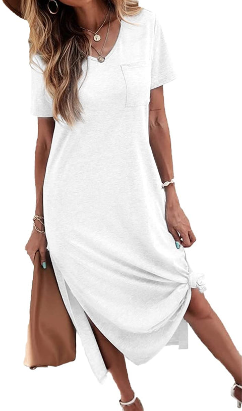 Dyexces Women's V Neck Short Sleeve Summer Dress Solid Basic T-Shirts Casual Split Maxi Dresses with Pocket