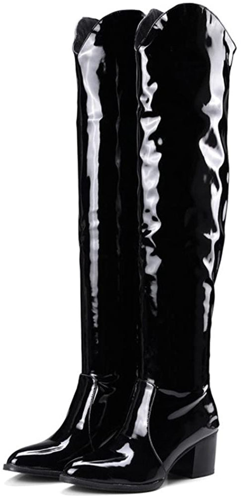 Tale Women's Low Block Heel Pointy Toe Patent Leather Thigh High Over The Knee Boots